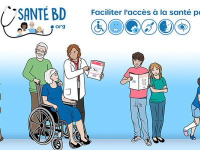 Illustration SantéBD de différents publics (enfants, personnes âgées, en situation de handicap) accompagnés dans la compréhension de leur santé
